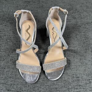Nina Neville Sandal Silver Rhinestone Cross Strap Block Heel 7 Wide